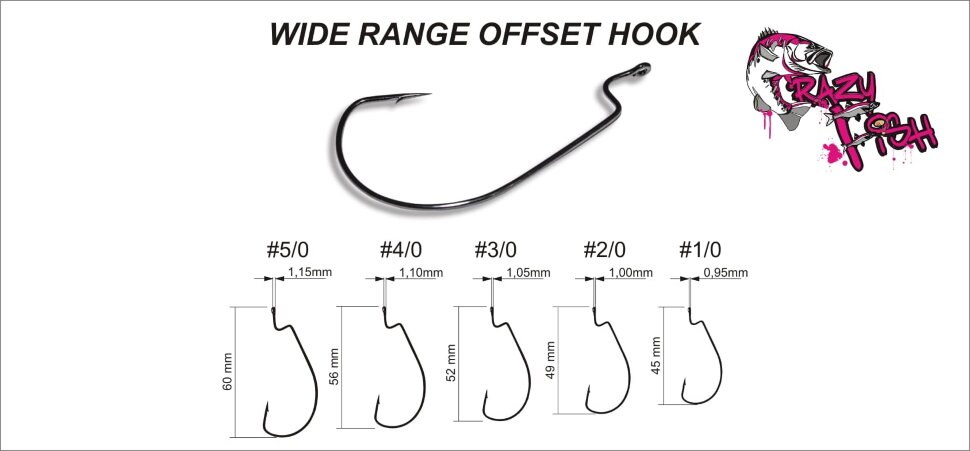 Офсетный крючок Crazy Fish Wide Range Offset Hook №1/0 200 шт